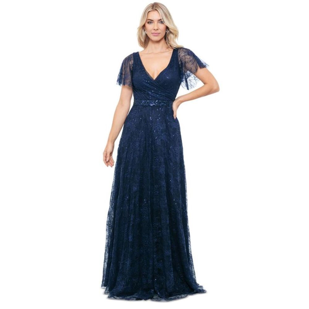 Betsy & Adam Womens Lace Gown Dress, Blue, 14, DM